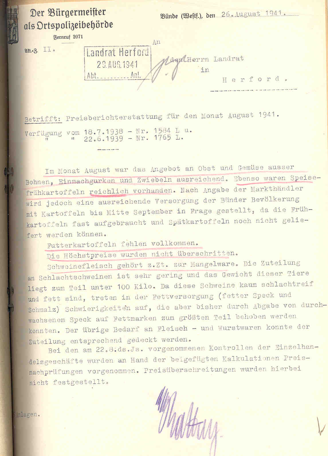 Verschiedenes, enth. v.a.: Obst- und Gemüseversorgung, Diebstahls-Strafverfahren, Herford 1941 bis 1944.