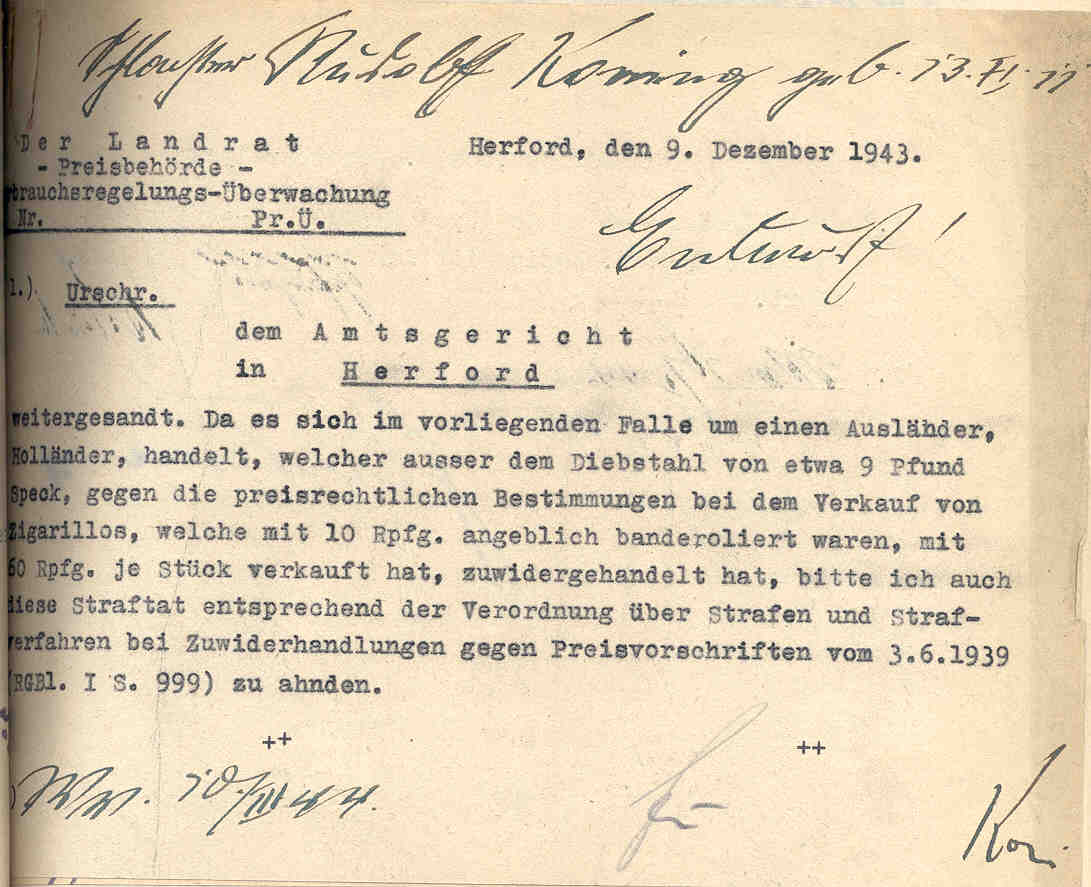Verschiedenes, enth. v.a.: Obst- und Gemüseversorgung, Diebstahls-Strafverfahren, Herford 1941 bis 1944.