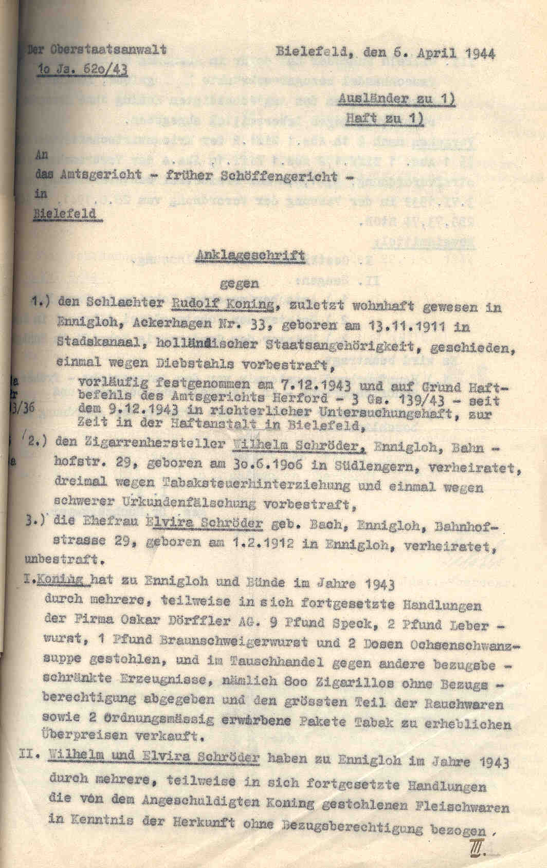 Verschiedenes, enth. v.a.: Obst- und Gemüseversorgung, Diebstahls-Strafverfahren, Herford 1941 bis 1944.