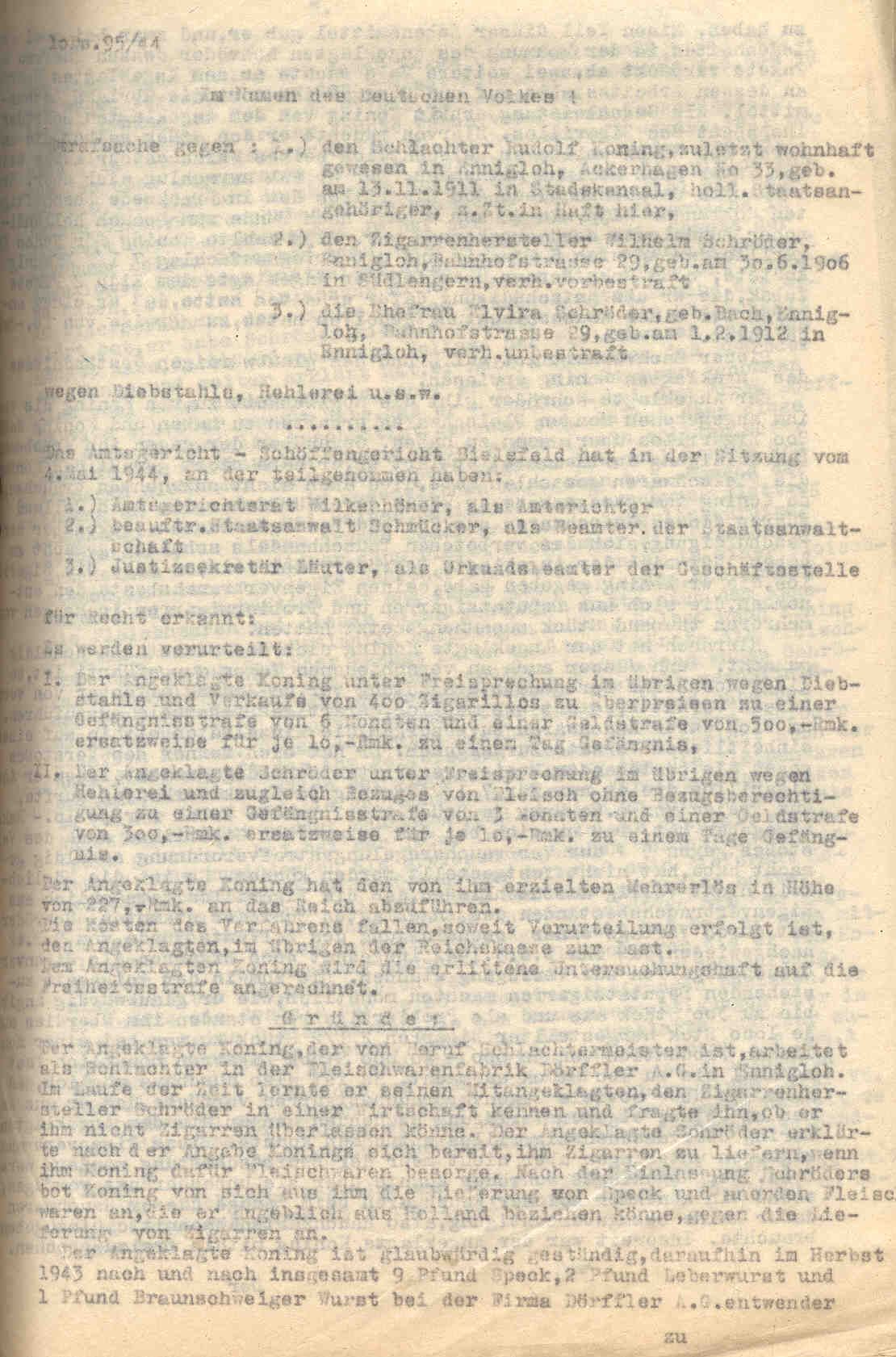 Verschiedenes, enth. v.a.: Obst- und Gemüseversorgung, Diebstahls-Strafverfahren, Herford 1941 bis 1944.
