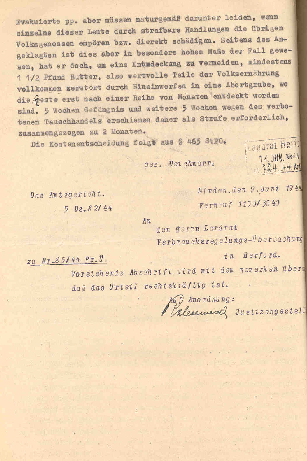 Verschiedenes, enth. v.a.: Obst- und Gemüseversorgung, Diebstahls-Strafverfahren, Herford 1941 bis 1944.