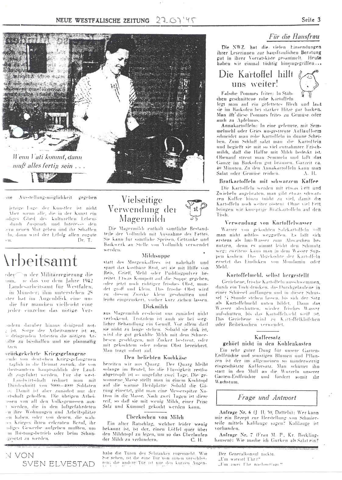 Artikel aus der Neuen Westfälischen Zeitung: "Die Kartoffel hilft uns weiter!" und "Die Hamsterer als Volksfeinde", Herford, den 27. Juli 1945.