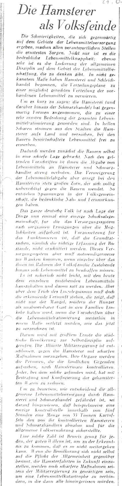 Artikel aus der Neuen Westfälischen Zeitung: "Die Kartoffel hilft uns weiter!" und "Die Hamsterer als Volksfeinde", Herford, den 27. Juli 1945.