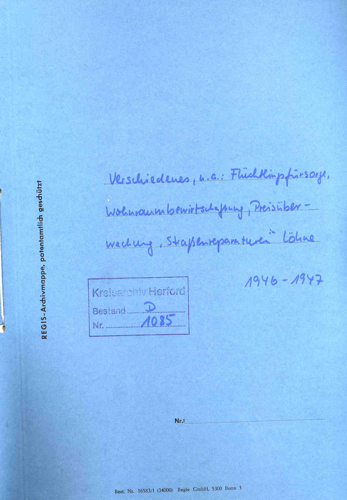 Wohnungsgesetz Nr. 18 der alliierten Kontrollbehörde (Herford, den 29. Juni 1946) und Fragebogen zur Flüchtlingslage und -Unterbringung im Kreis Herford (Minden, den 29. Oktober 1946).