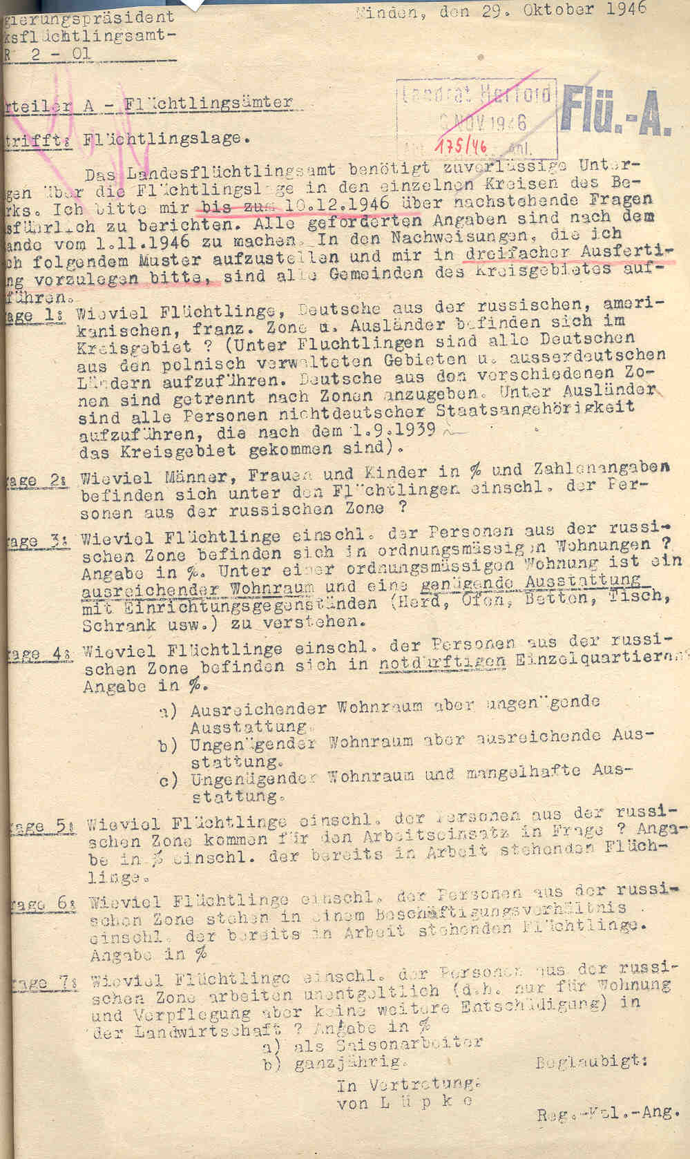 Wohnungsgesetz Nr. 18 der alliierten Kontrollbehörde (Herford, den 29. Juni 1946) und Fragebogen zur Flüchtlingslage und -Unterbringung im Kreis Herford (Minden, den 29. Oktober 1946).