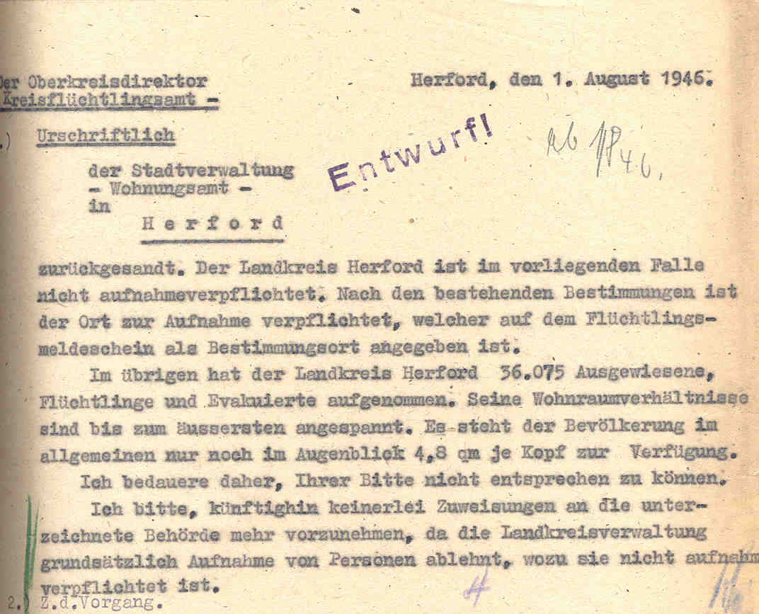 Schreiben des Kreisflüchtlingsamtes über die angespannten Wohnraumverhältnisse im Landkreis Herford, Herford, den 1. August 1946.