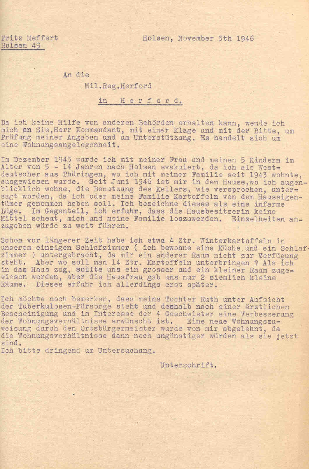 Konflikt um die Unterbringung der Flüchtlingsfamilie Fritz Meffert in Holsen, Holsen im November und Dezember 1946.