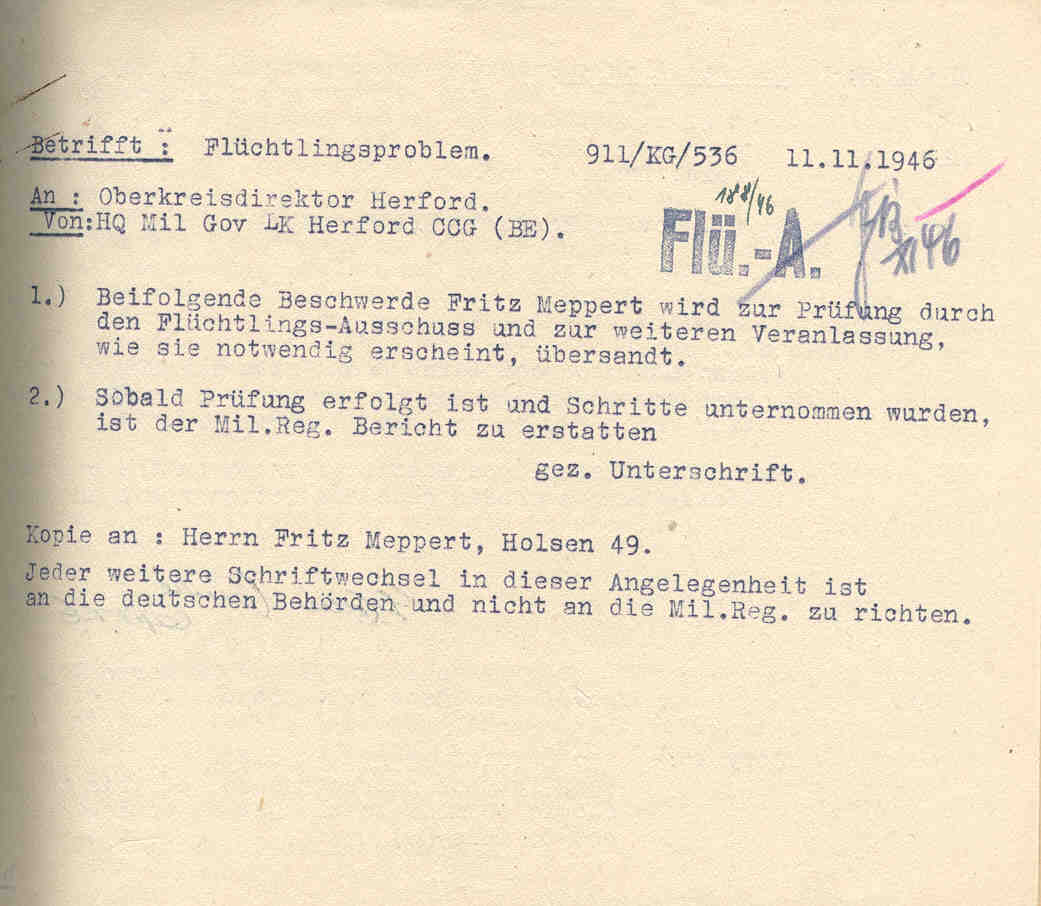 Konflikt um die Unterbringung der Flüchtlingsfamilie Fritz Meffert in Holsen, Holsen im November und Dezember 1946.