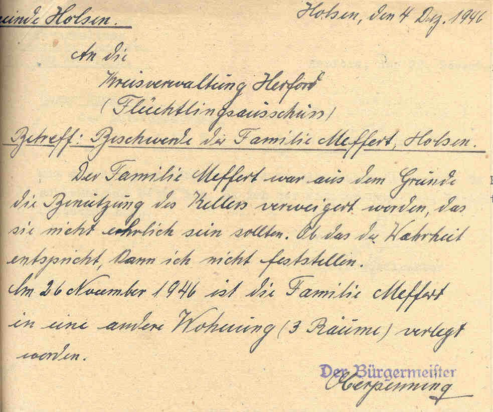 Konflikt um die Unterbringung der Flüchtlingsfamilie Fritz Meffert in Holsen, Holsen im November und Dezember 1946.