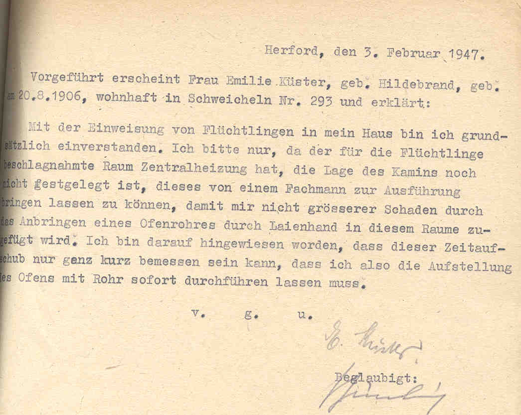 Erklärung der Hauseigentümerin Emilie Küster über ihre Wohnsituation: Bitte um Instandsetzung der Zentralheizung vor der Einquartierung von Flüchtlingen, Herford, den 3. Februar 1947.