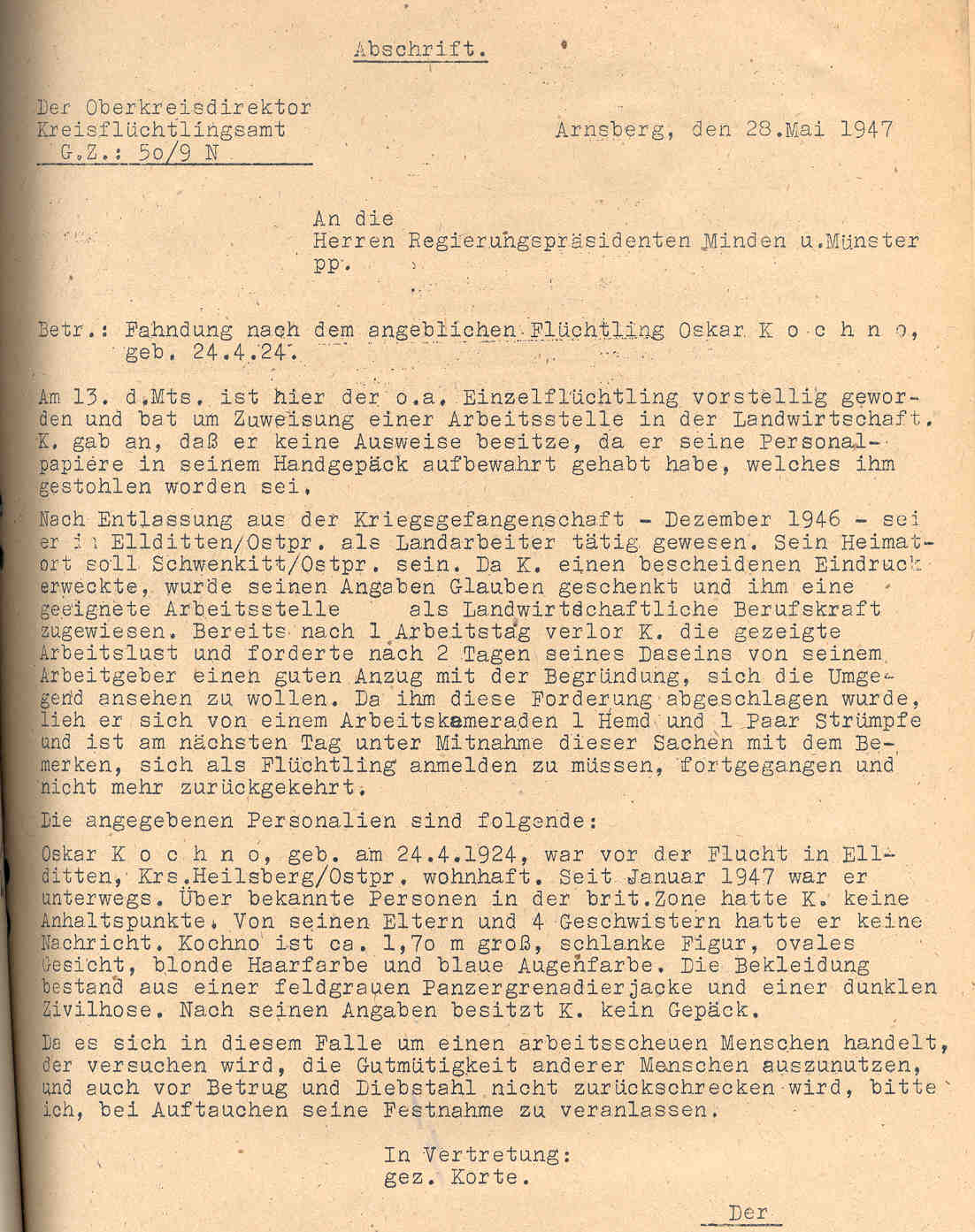 Fahndung nach Flüchtlingen, Arnsberg und Bielefeld 1947.