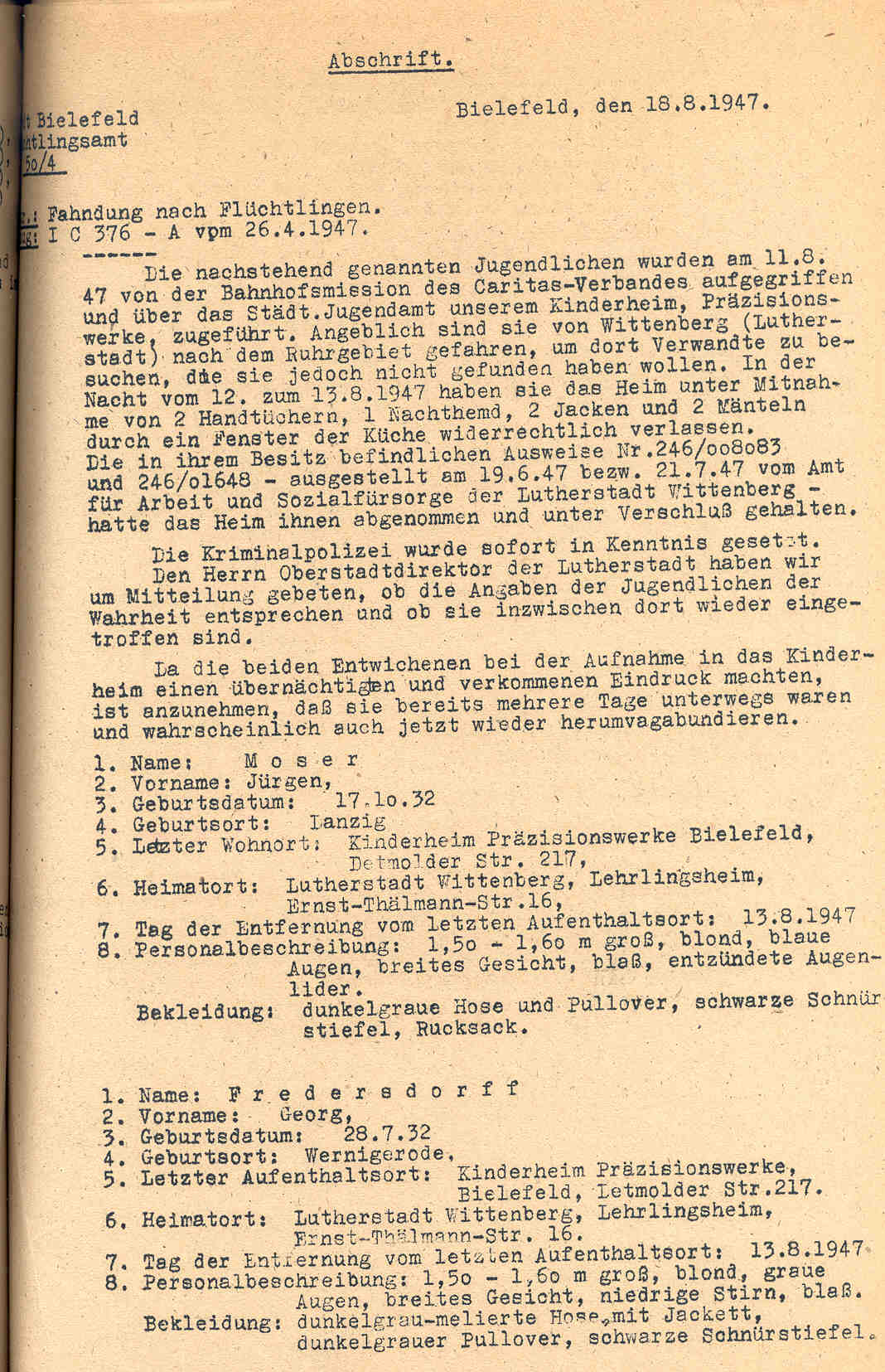 Fahndung nach Flüchtlingen, Arnsberg und Bielefeld 1947.