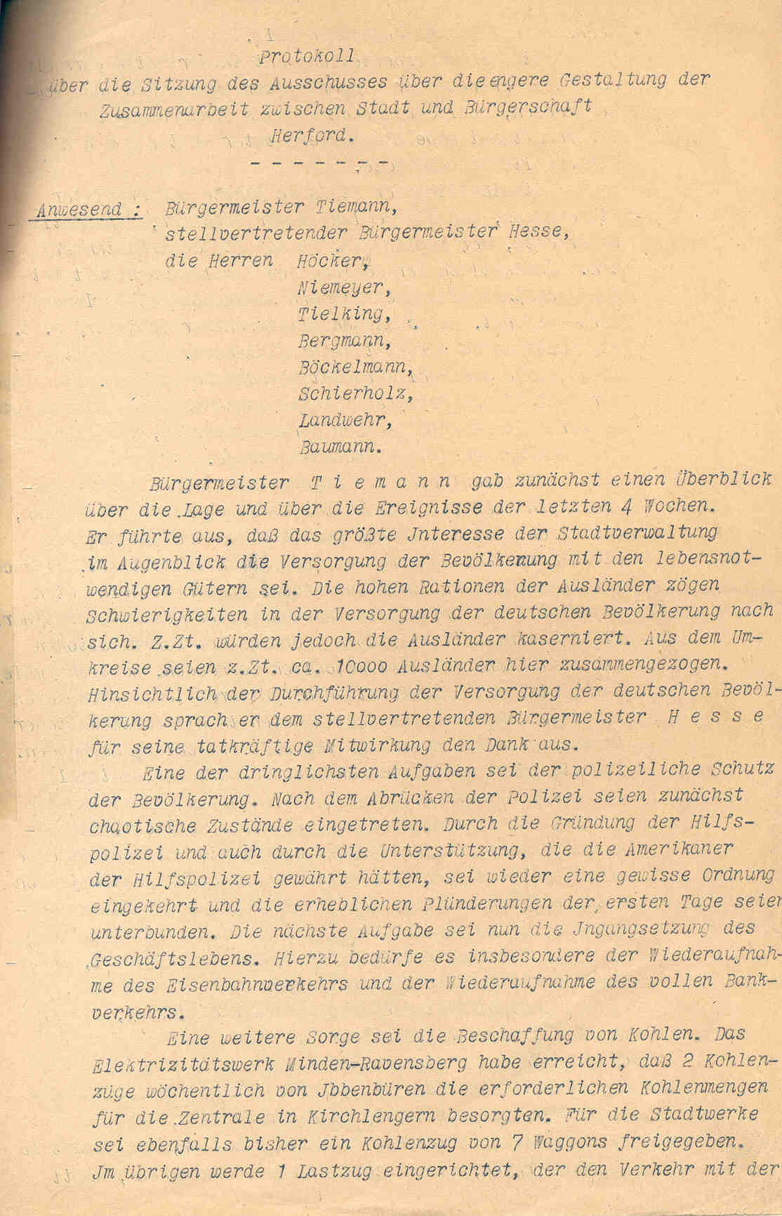 Protokoll: Sitzung des Ausschusses über die engere Gestaltung der Zusammenarbeit zwischen Stadt und Bürgerschaft Herford, Herford, den 27. April 1945.