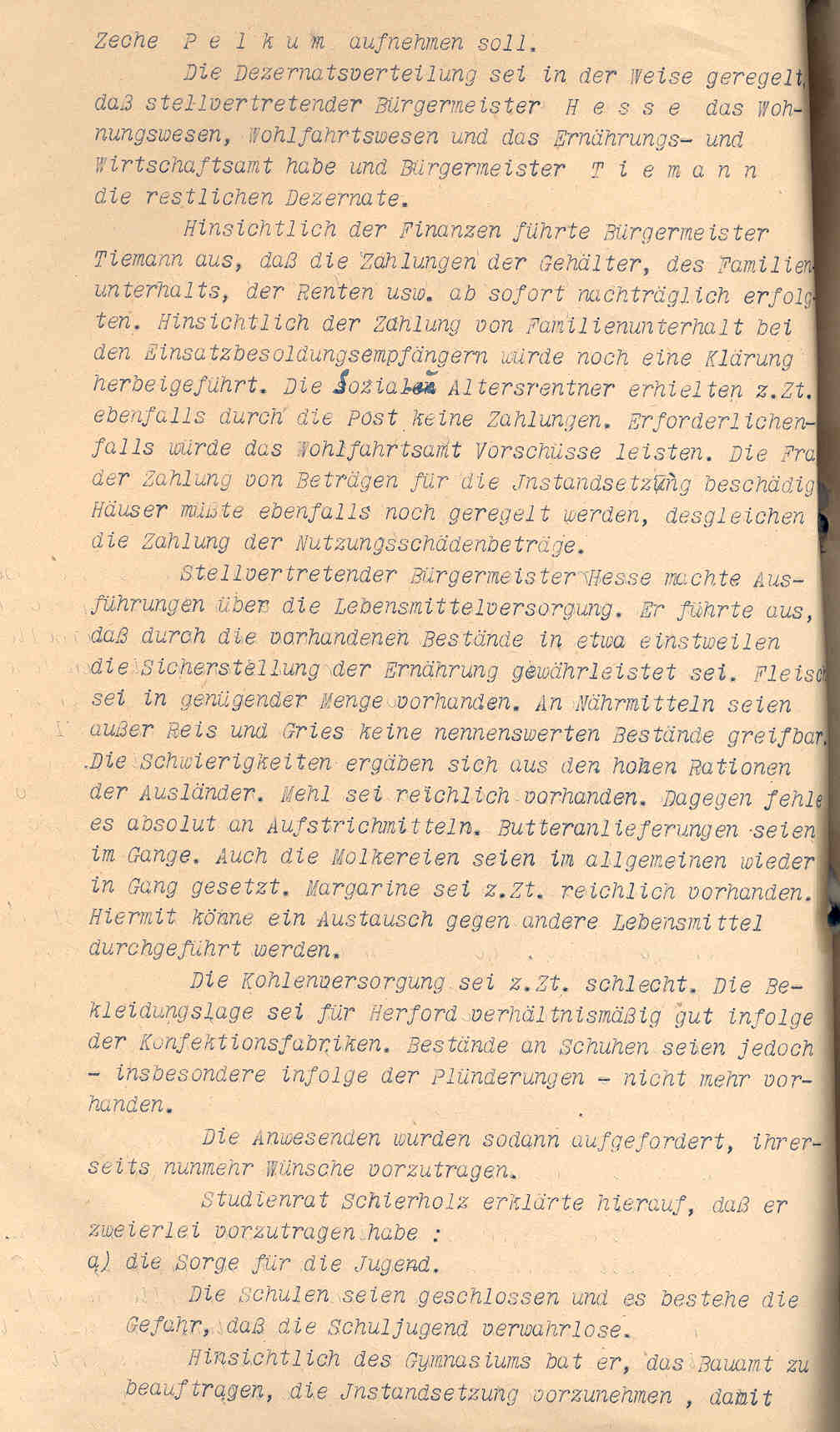 Protokoll: Sitzung des Ausschusses über die engere Gestaltung der Zusammenarbeit zwischen Stadt und Bürgerschaft Herford, Herford, den 27. April 1945.