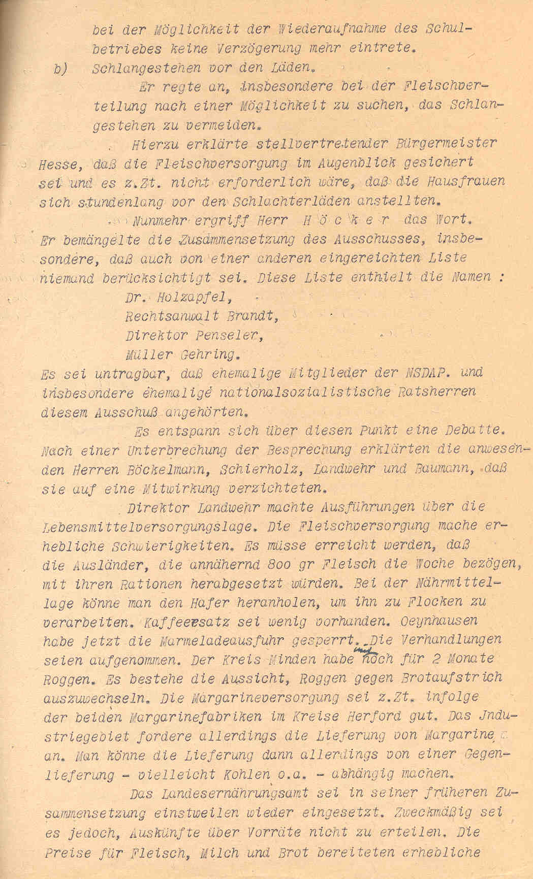 Protokoll: Sitzung des Ausschusses über die engere Gestaltung der Zusammenarbeit zwischen Stadt und Bürgerschaft Herford, Herford, den 27. April 1945.