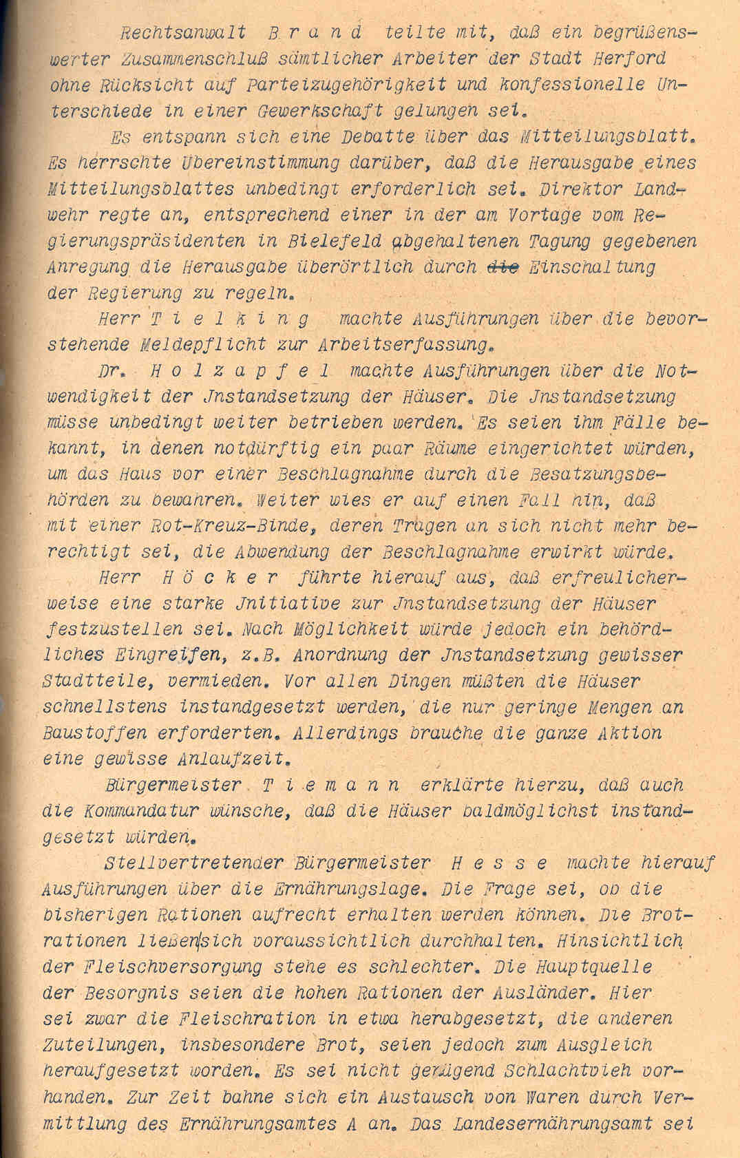 Protokoll: Sitzung des Ausschusses über die engere Gestaltung der Zusammenarbeit zwischen Stadt und Bürgerschaft Herford, Herford, den 27. April 1945.