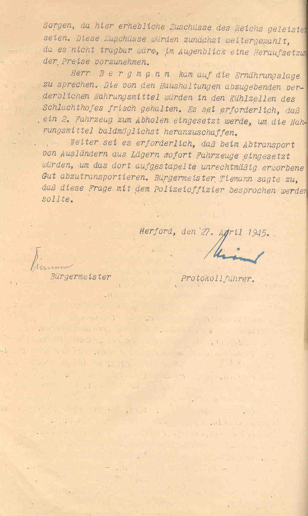 Protokoll: Sitzung des Ausschusses über die engere Gestaltung der Zusammenarbeit zwischen Stadt und Bürgerschaft Herford, Herford, den 27. April 1945.