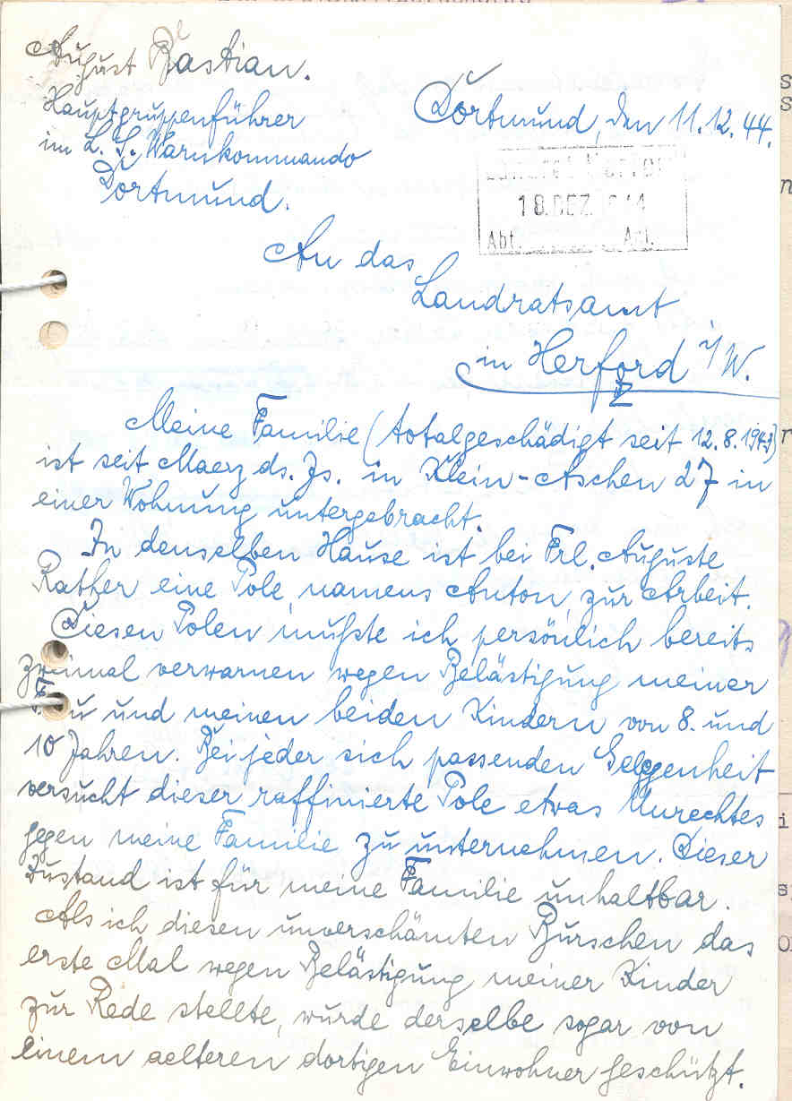 "Behandlung und Überwachung ausländischer Zivilarbeiter, insbesondere von Polen", 1937 bis 1951.