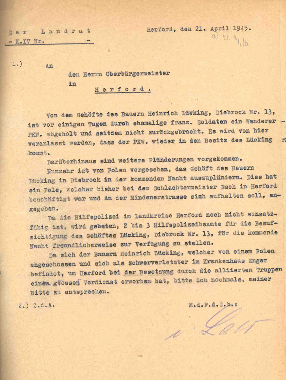 Verschiedenes, u.a. Plünderungen bei Bauern in Diebrock, Herford, den 21. April 1945.