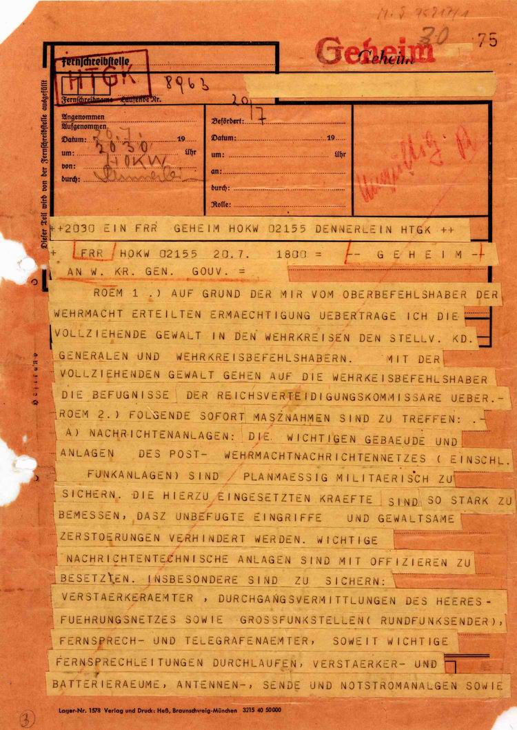 Fernschreiben 20. Juli 1944: Übertragung der vollziehenden Gewalt
