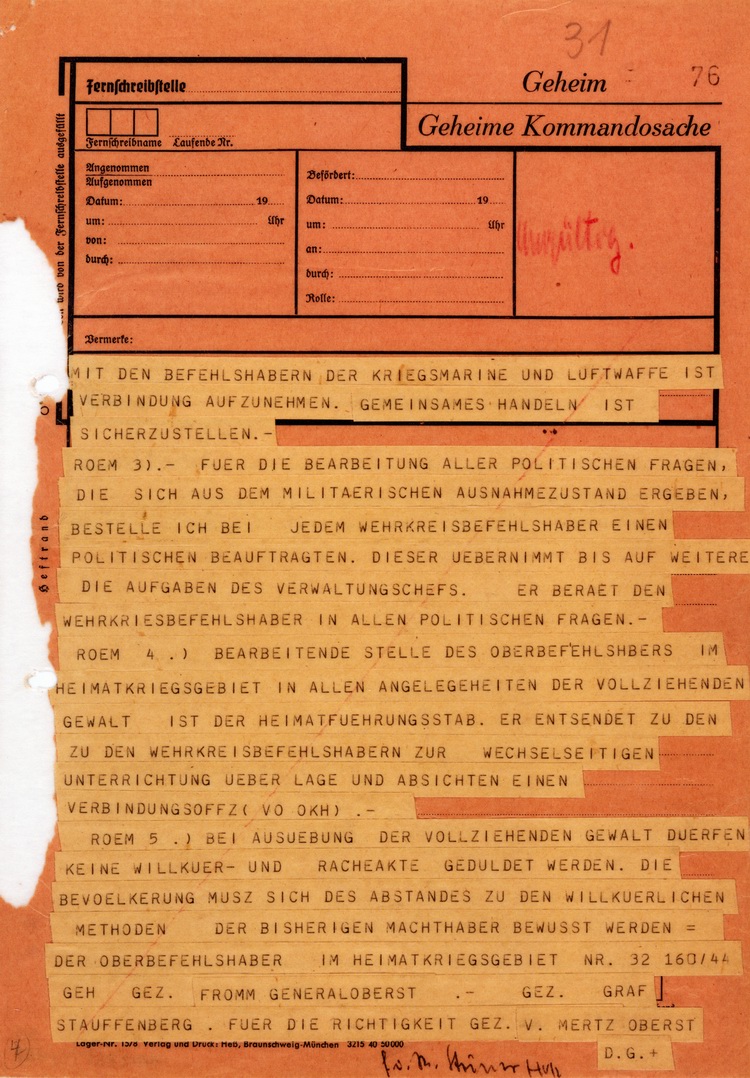 Fernschreiben 20. Juli 1944: Übertragung der vollziehenden Gewalt