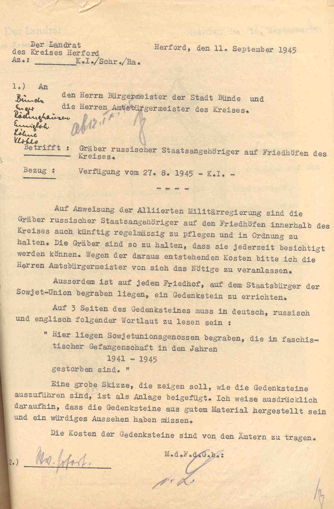 Berichte über die Errichtung Gräber russischer Staatsangehöriger und eines sowjetischen Ehrendenkmals auf Friedhöfen des Kreises Herford, Herford und Löhne im September und Oktober 1945.