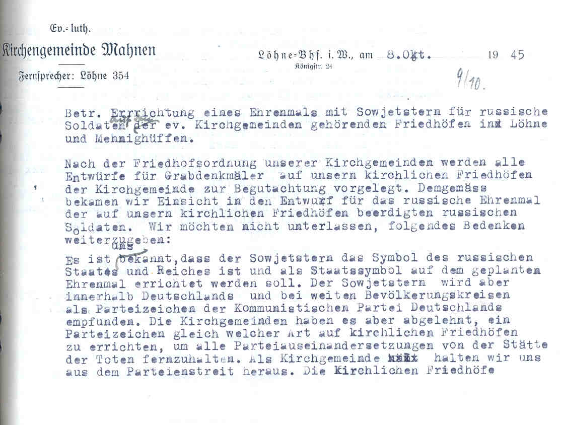 Berichte über die Errichtung Gräber russischer Staatsangehöriger und eines sowjetischen Ehrendenkmals auf Friedhöfen des Kreises Herford, Herford und Löhne im September und Oktober 1945.