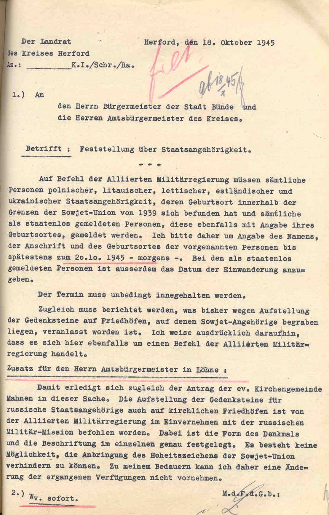 Berichte über die Errichtung Gräber russischer Staatsangehöriger und eines sowjetischen Ehrendenkmals auf Friedhöfen des Kreises Herford, Herford und Löhne im September und Oktober 1945.