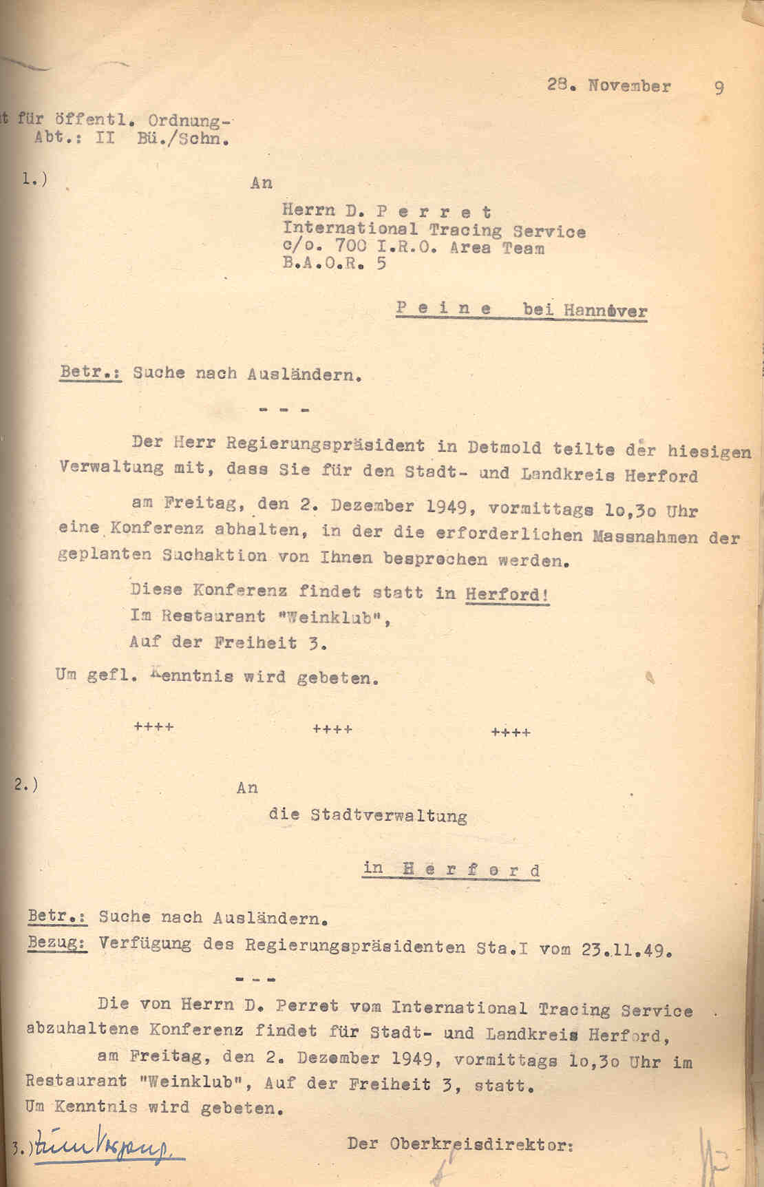 Ausländer-Paßwesen und Meldewesen, darin: Liste von Lagern, Namen, Friedhöfe, Peine bei Hannover, den 28. November 1949.