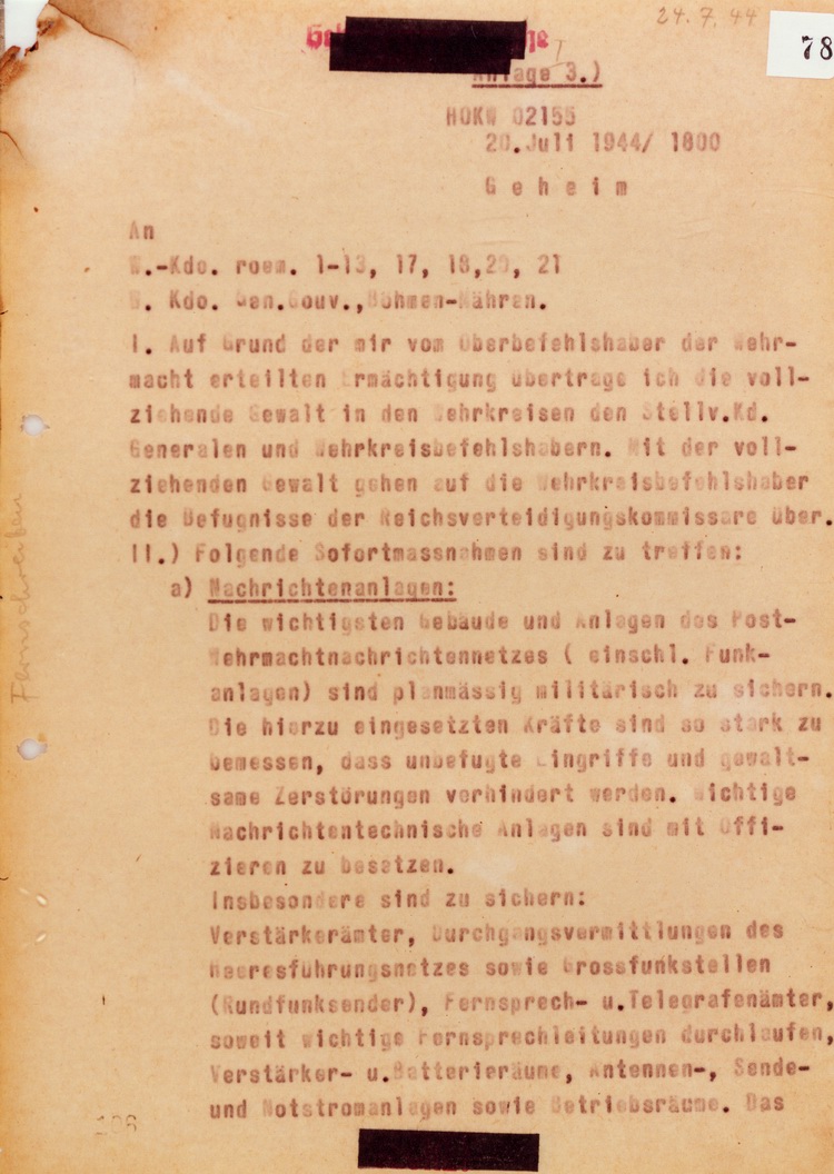 20. Juli 1944: Übertragung der vollziehenden Gewalt: Anlage 3 Nachrichtenanlagen, Konzentrationslager, Waffen- SS