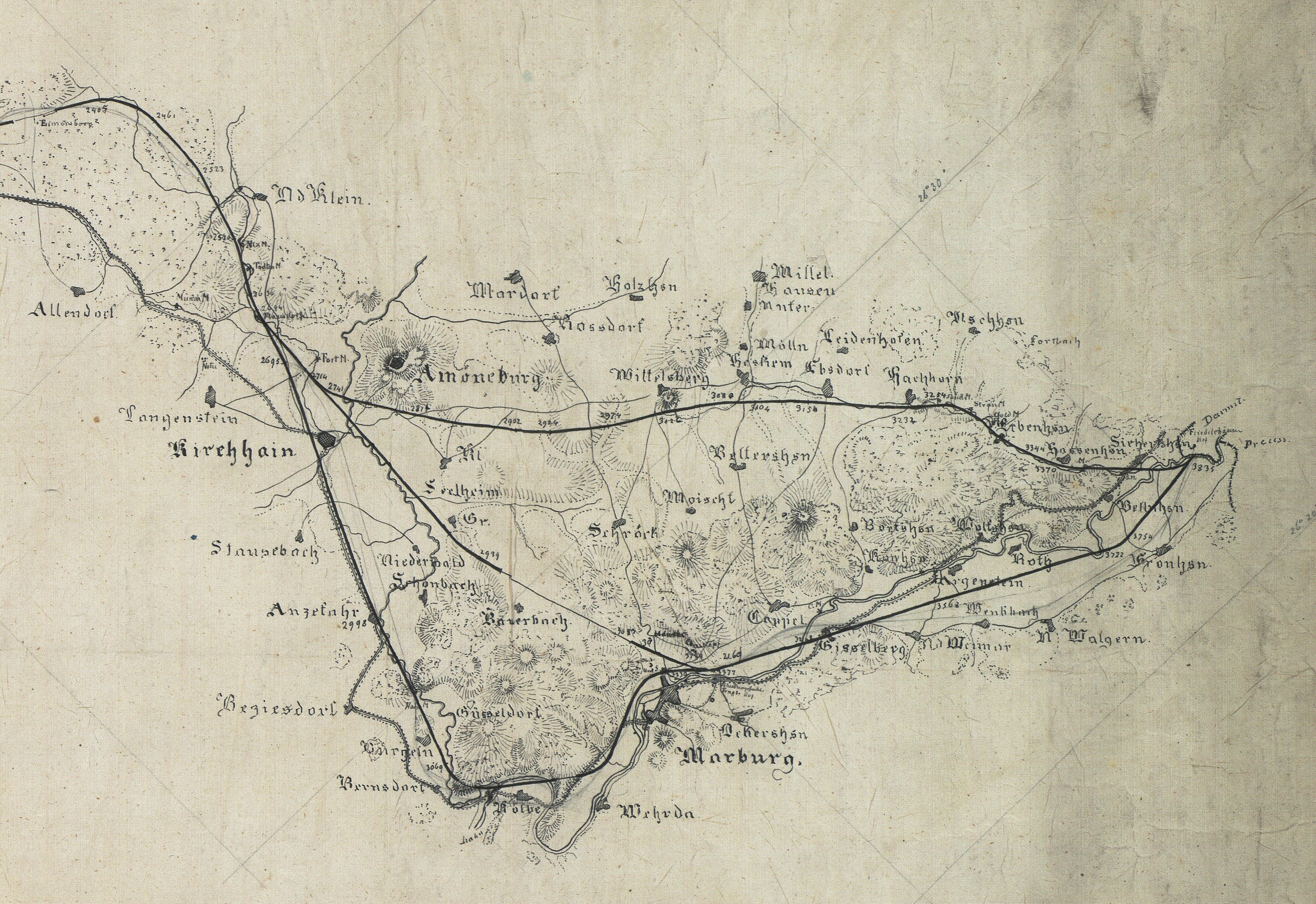 Plan und Profil der projektierten Eisenbahnlinie von Cassel nach Marburg bis zur Kurhessischen Grenze bei Fronhausen