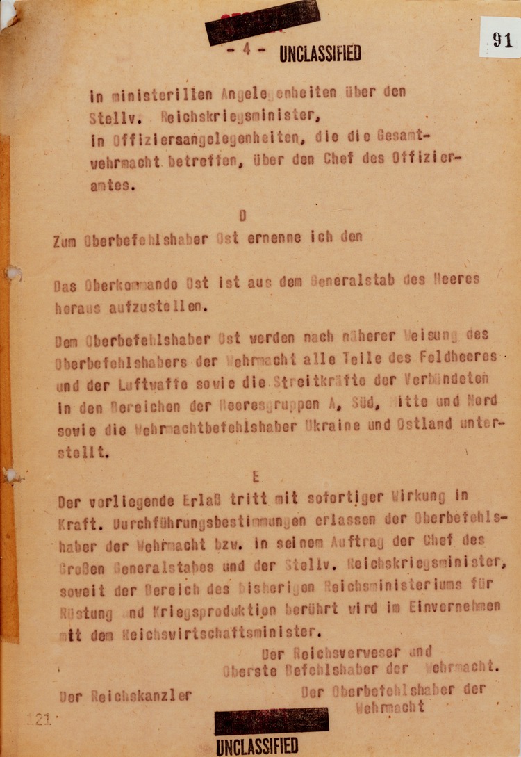 20 Juli 1944 Übertragung der vollziehenden Gewalt Anlage 7: Erlaß über die vorläufige Kriegsspitzengliederung