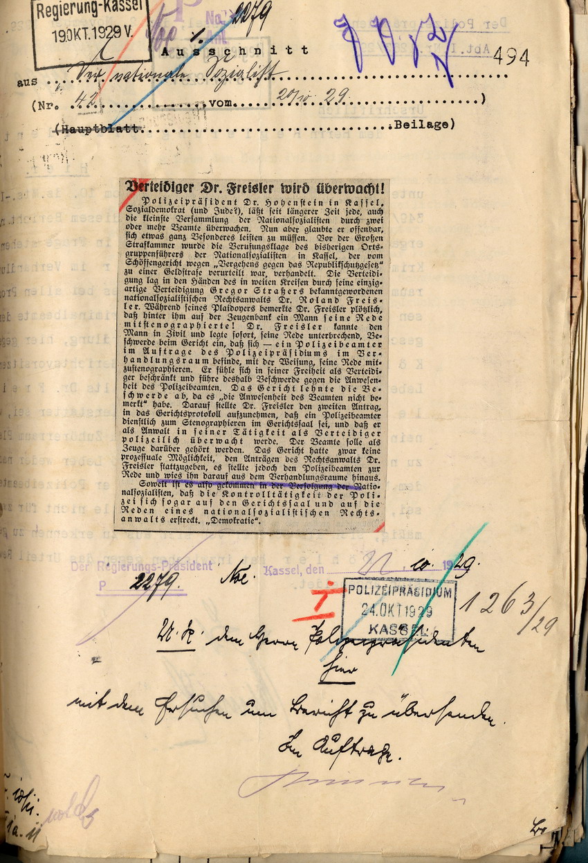 Polizeiliche Beobachtung von Freislers Tätigkeit als Strafverteidiger in Gerichtsprozessen gegen Nationalsozialisten, Kassel im Oktober und November 1929.
