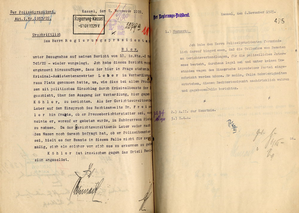 Polizeiliche Beobachtung von Freislers Tätigkeit als Strafverteidiger in Gerichtsprozessen gegen Nationalsozialisten, Kassel im Oktober und November 1929.