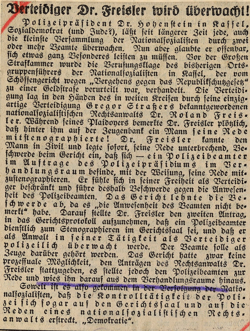 Polizeiliche Beobachtung von Freislers Tätigkeit als Strafverteidiger in Gerichtsprozessen gegen Nationalsozialisten, Kassel im Oktober und November 1929.