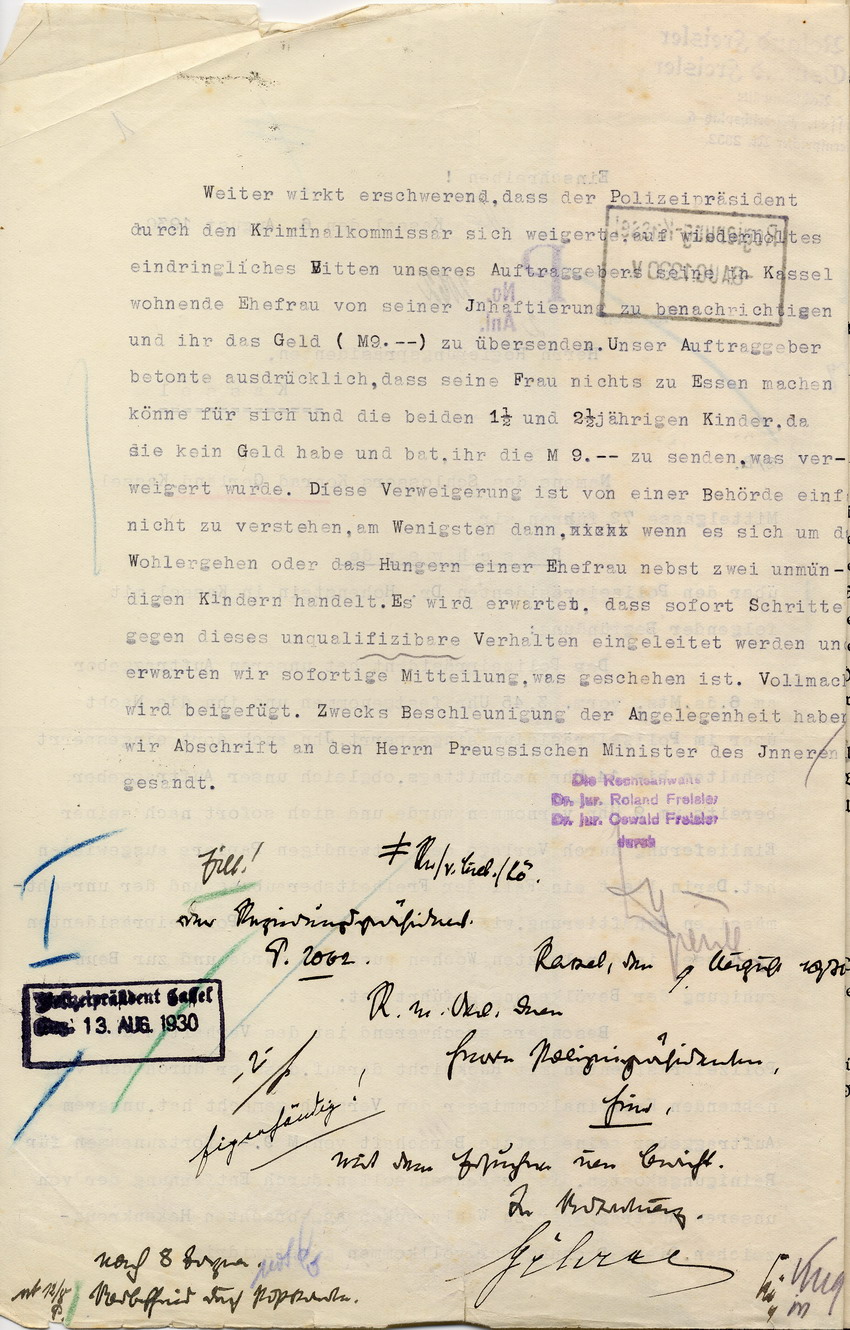 Beschwerde der Anwälte Freisler an den Regierungspräsidenten über die Festnahme des SA-Mitglieds Konrad Gerland auf Anweisung des Polizeipräsidenten Hohenstein nebst Prozessvollmacht, Kassel, den 6. August 1930.