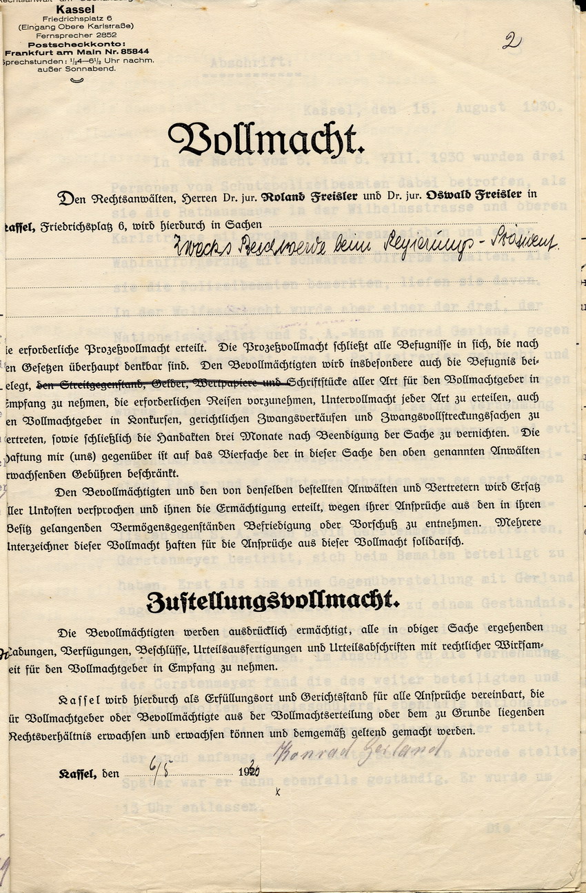 Beschwerde der Anwälte Freisler an den Regierungspräsidenten über die Festnahme des SA-Mitglieds Konrad Gerland auf Anweisung des Polizeipräsidenten Hohenstein nebst Prozessvollmacht, Kassel, den 6. August 1930.