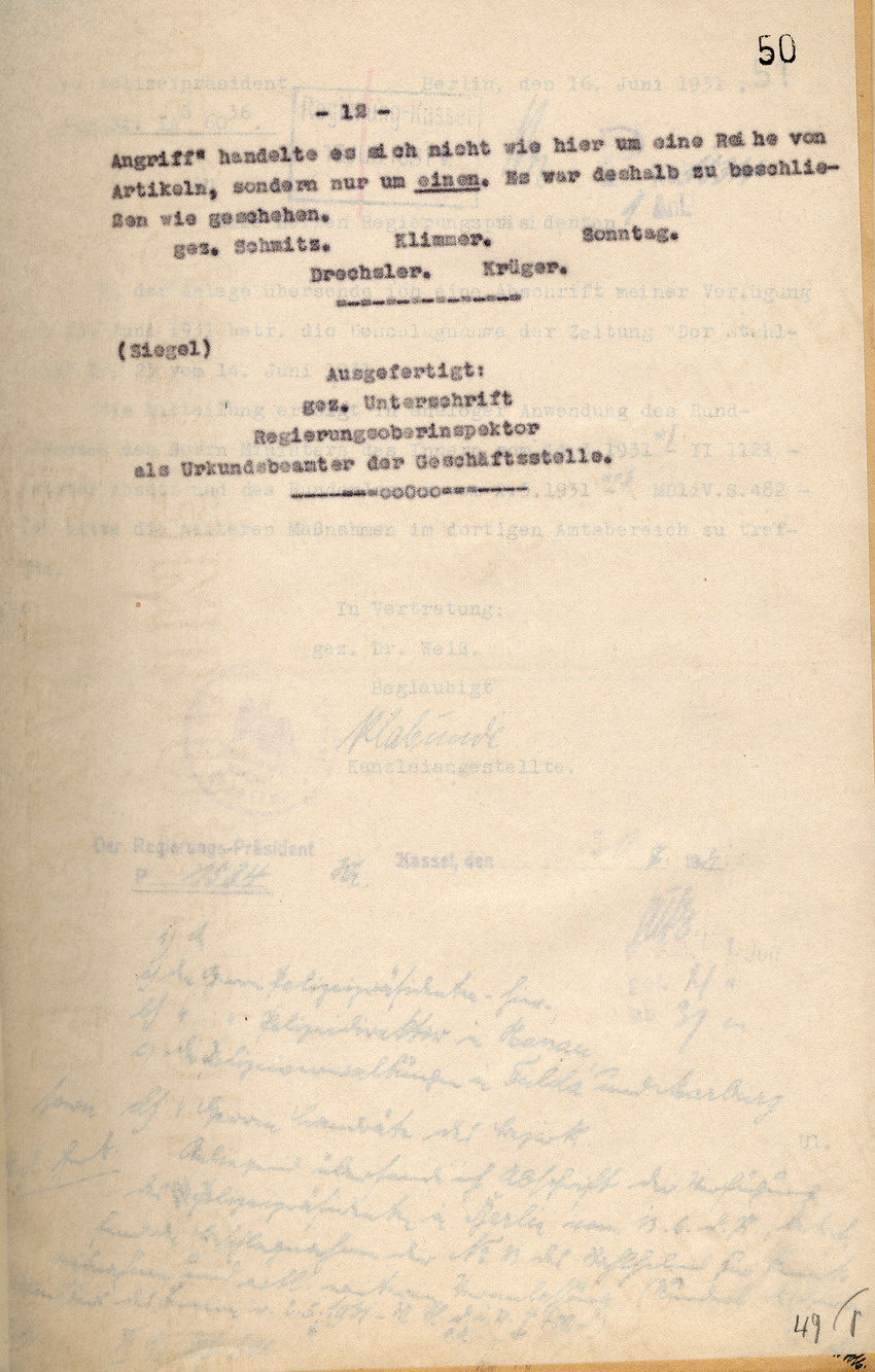 Gerichtsurteil: Veröffentlichungsverbot der nationalsozialistischen Zeitung "Hessische Volkswacht", Kassel, den 30. Juni 1931.