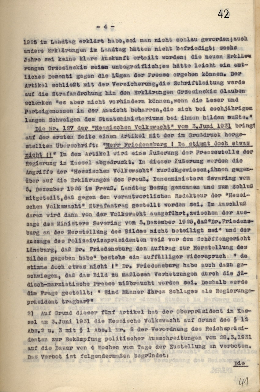 Gerichtsurteil: Veröffentlichungsverbot der nationalsozialistischen Zeitung "Hessische Volkswacht", Kassel, den 30. Juni 1931.
