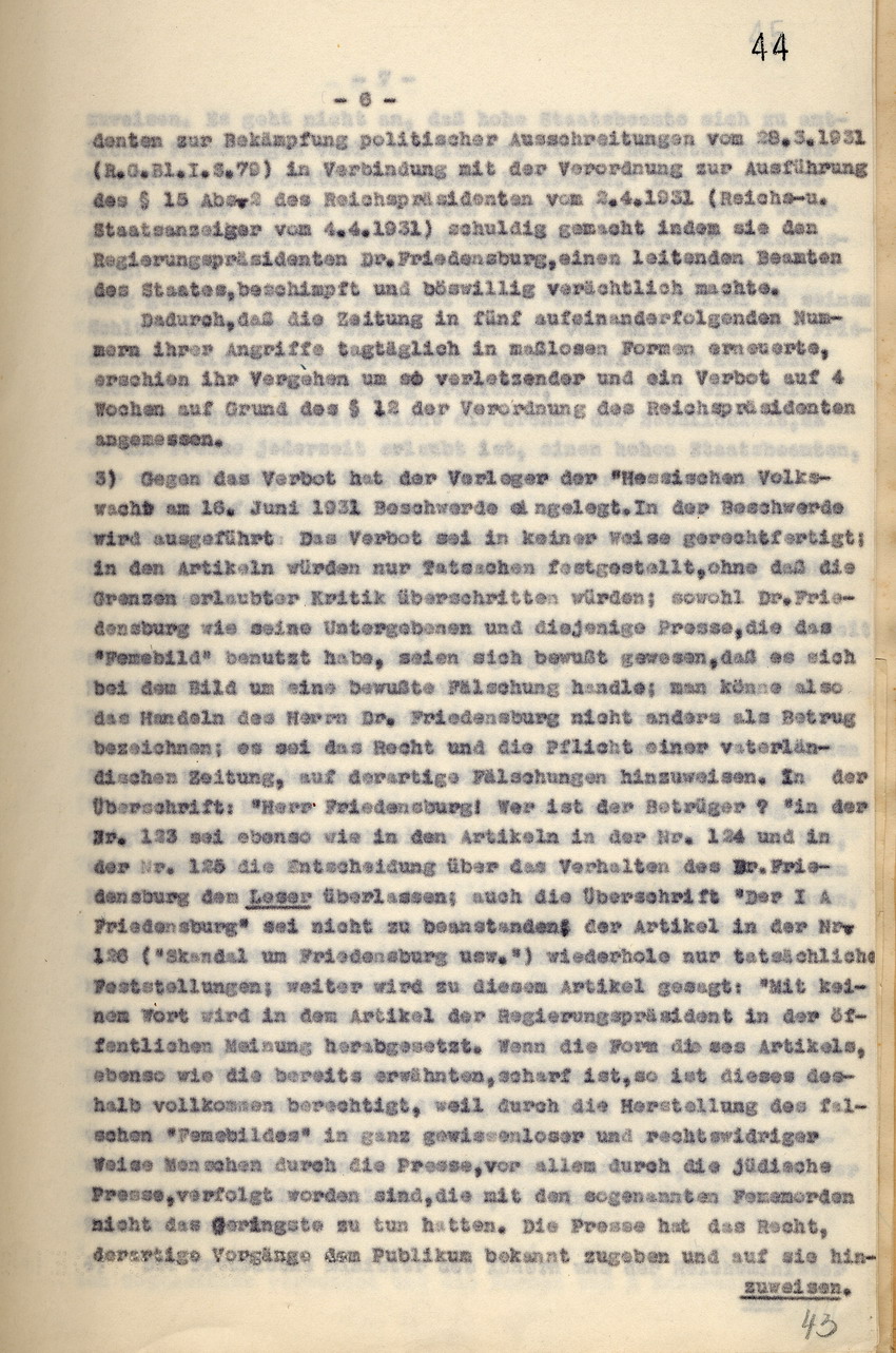 Gerichtsurteil: Veröffentlichungsverbot der nationalsozialistischen Zeitung "Hessische Volkswacht", Kassel, den 30. Juni 1931.