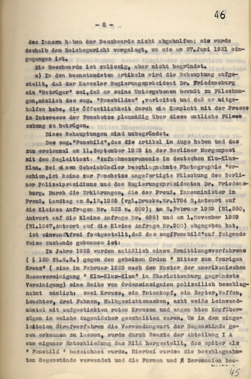 Gerichtsurteil: Veröffentlichungsverbot der nationalsozialistischen Zeitung "Hessische Volkswacht", Kassel, den 30. Juni 1931.