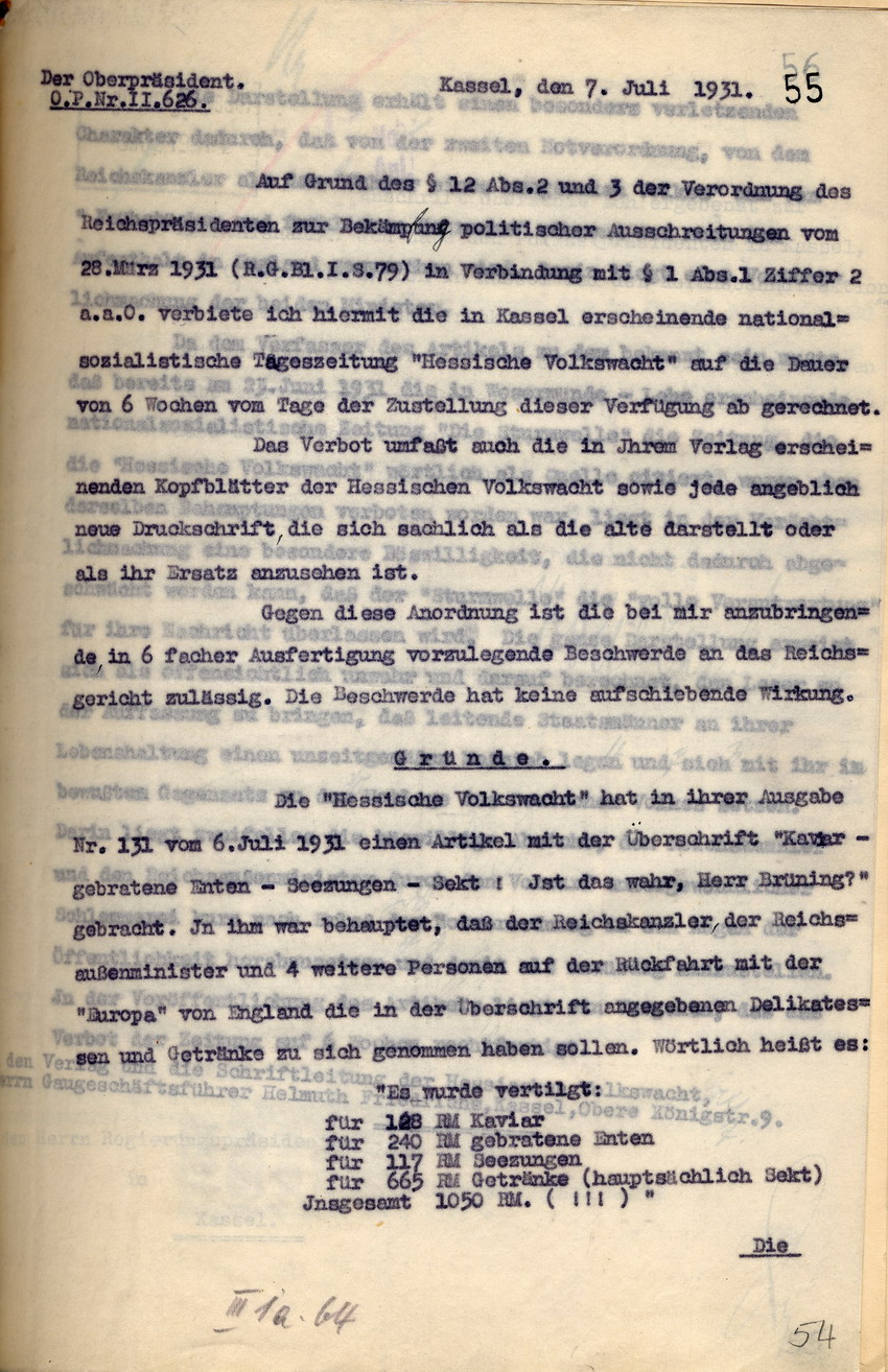 Offizielles Veröffentlichungsverbot der nationalsozialistischen Zeitung "Hessische Volkswacht", Kassel, den 7. und 8. Juli 1931.