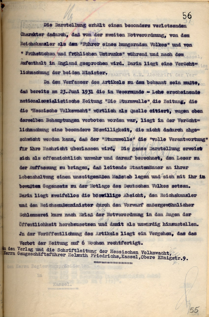 Offizielles Veröffentlichungsverbot der nationalsozialistischen Zeitung "Hessische Volkswacht", Kassel, den 7. und 8. Juli 1931.