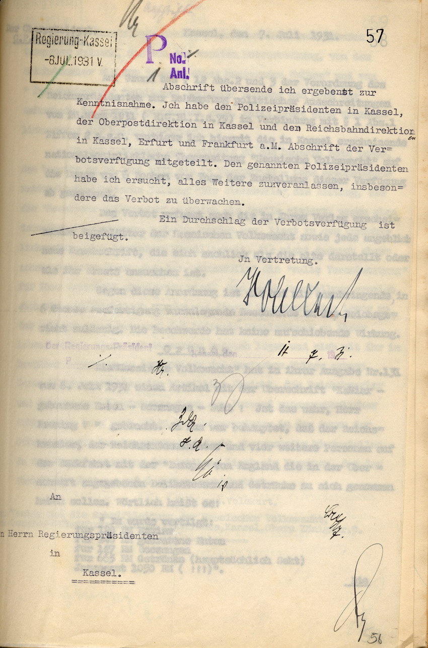Offizielles Veröffentlichungsverbot der nationalsozialistischen Zeitung "Hessische Volkswacht", Kassel, den 7. und 8. Juli 1931.