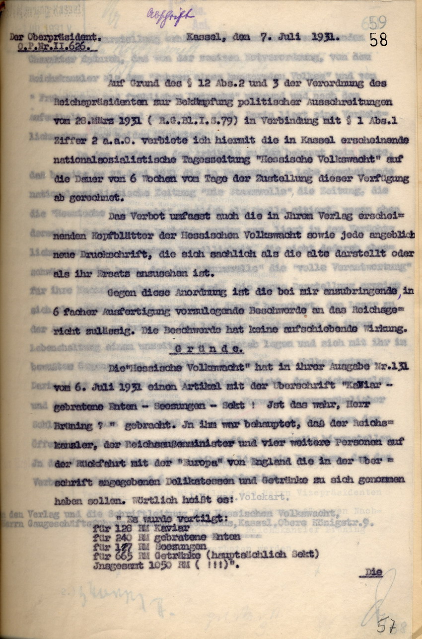 Offizielles Veröffentlichungsverbot der nationalsozialistischen Zeitung "Hessische Volkswacht", Kassel, den 7. und 8. Juli 1931.