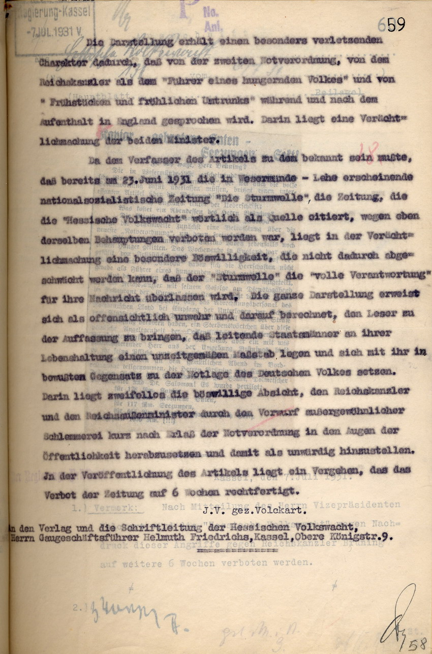 Offizielles Veröffentlichungsverbot der nationalsozialistischen Zeitung "Hessische Volkswacht", Kassel, den 7. und 8. Juli 1931.