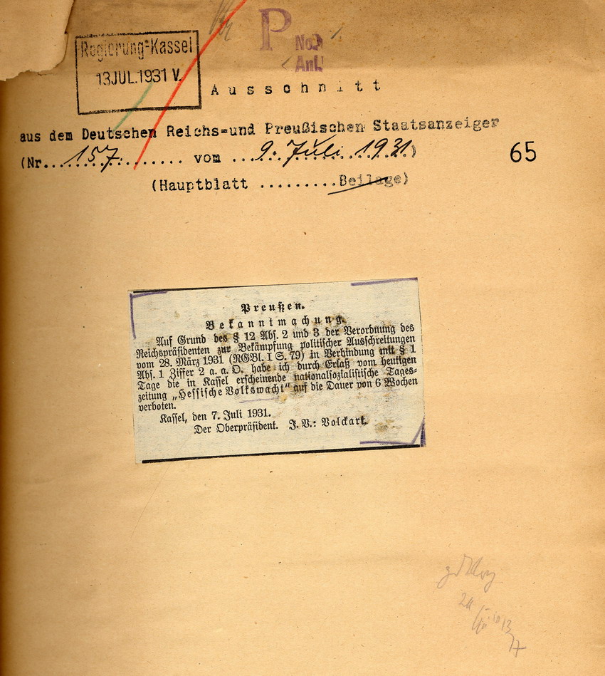 Offizielles Veröffentlichungsverbot der nationalsozialistischen Zeitung "Hessische Volkswacht", Kassel, den 7. und 8. Juli 1931.