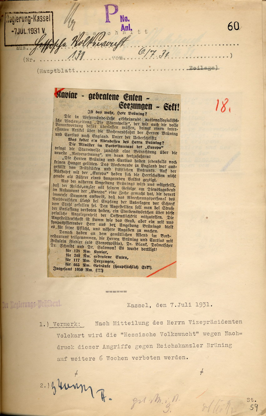 Zeitungsartikel aus der  "Hessischen Volkswacht" vom 6. Juli 1931: "Kaviar - gebratene Enten - Seezungen - Sekt! Ist das wahr, Herr Brühning?"