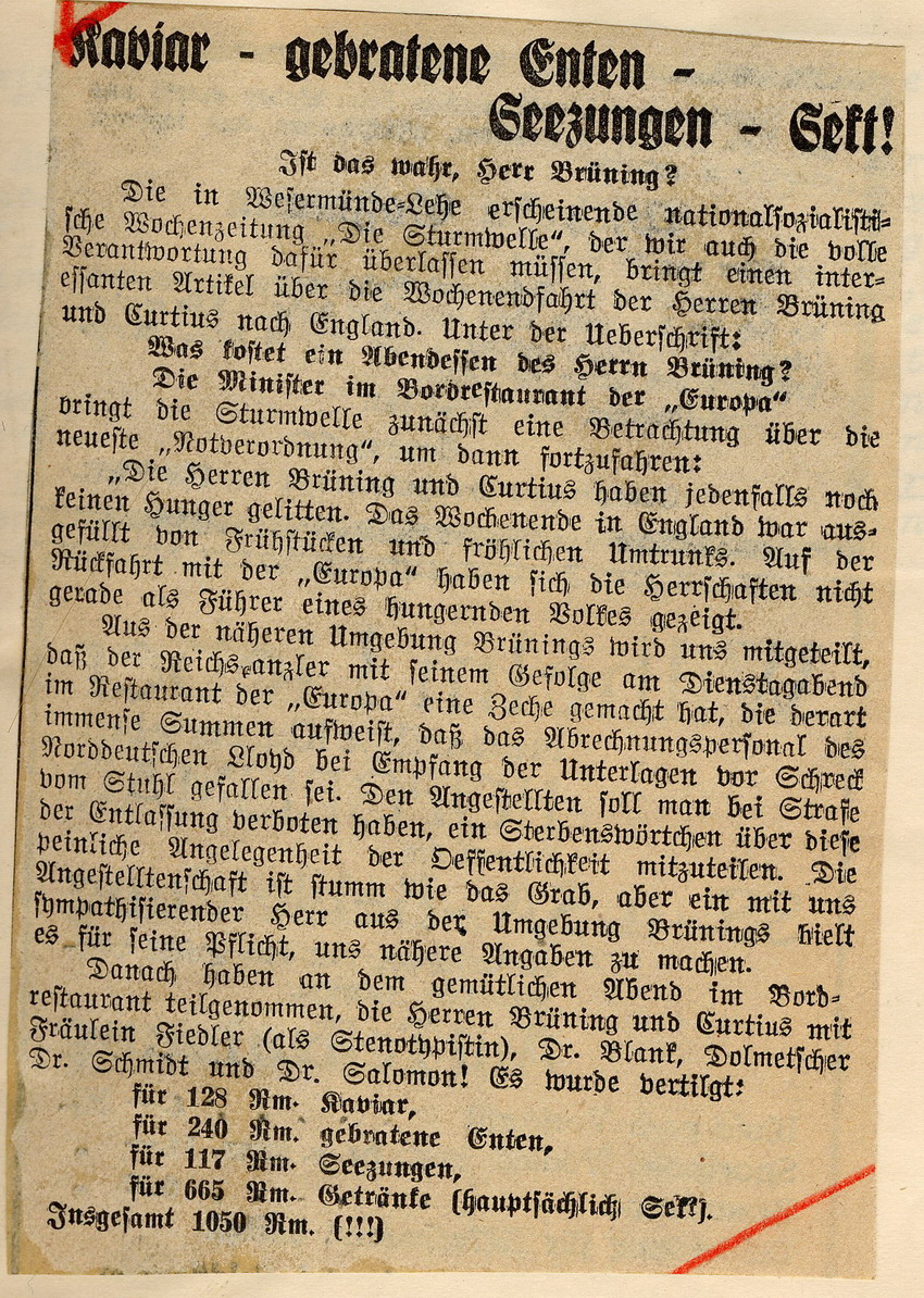 Zeitungsartikel aus der  "Hessischen Volkswacht" vom 6. Juli 1931: "Kaviar - gebratene Enten - Seezungen - Sekt! Ist das wahr, Herr Brühning?"