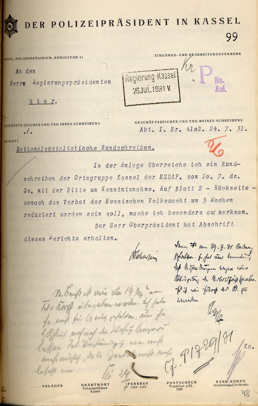 Bericht des Polizeipräsidenten über nationalsozialistische Rundschreiben, das  Veröffentlichungsverbot der "Hessischen Volkswacht" betreffend, Kassel, den 24. Juli 1931.